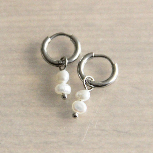 Laudeen - Creole earrings with 2 freshwater pearls - silver - BAZOU