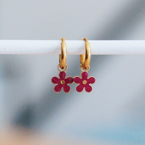 Laudeen - Creole earrings with flower - aubergine/gold - BAZOU