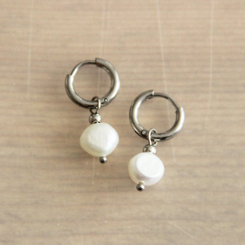 Laudeen - Creole earrings with freshwater pearl drop - silver - BAZOU