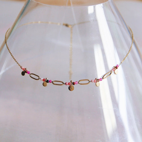 Laudeen - Fine stainless steel necklace with mini gemstones - pink shades - BAZOU